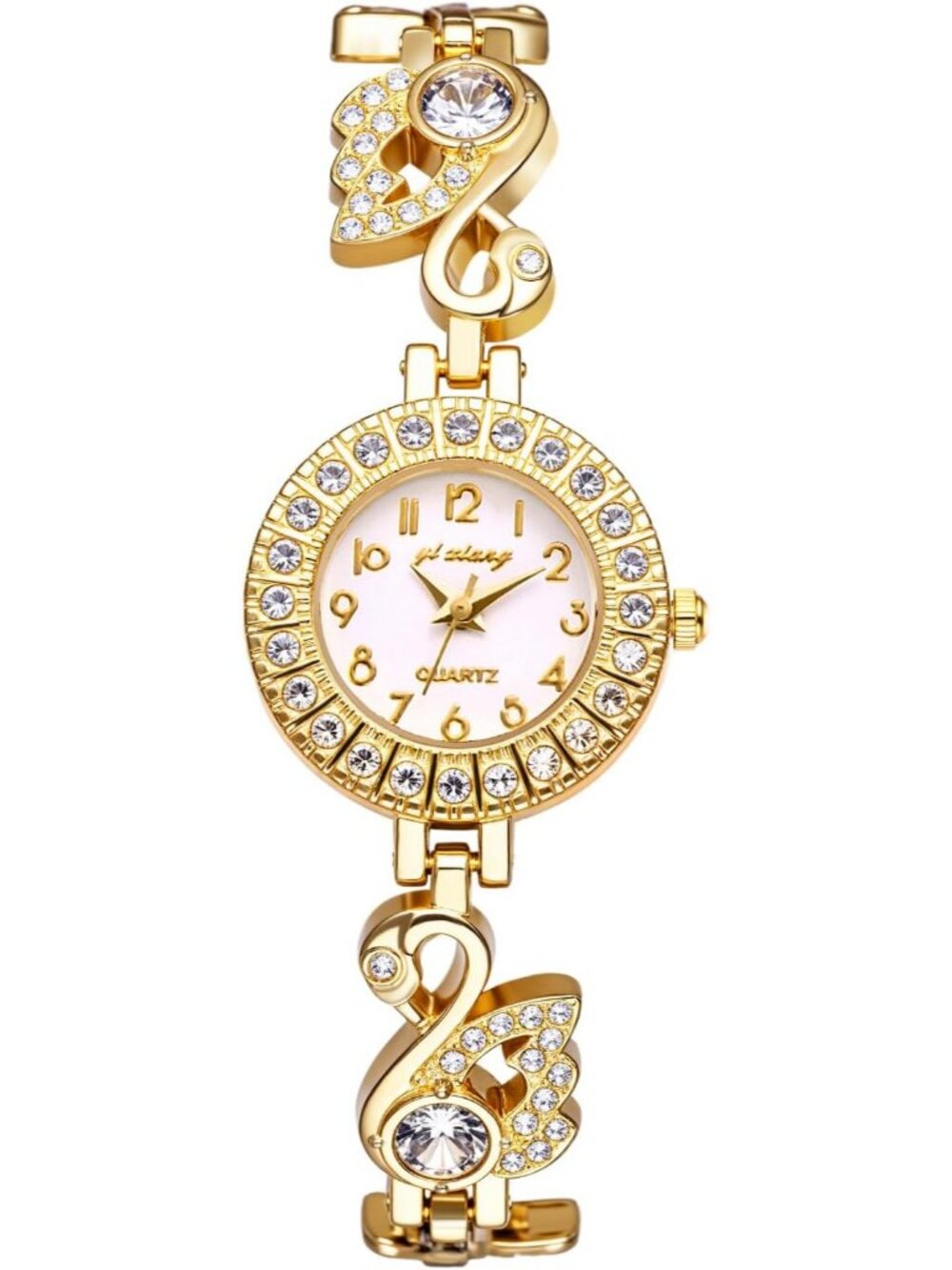Women’s Gold Swan Diamond Bracelet Watch, Luxury Rhinestone Quartz Wristwatch